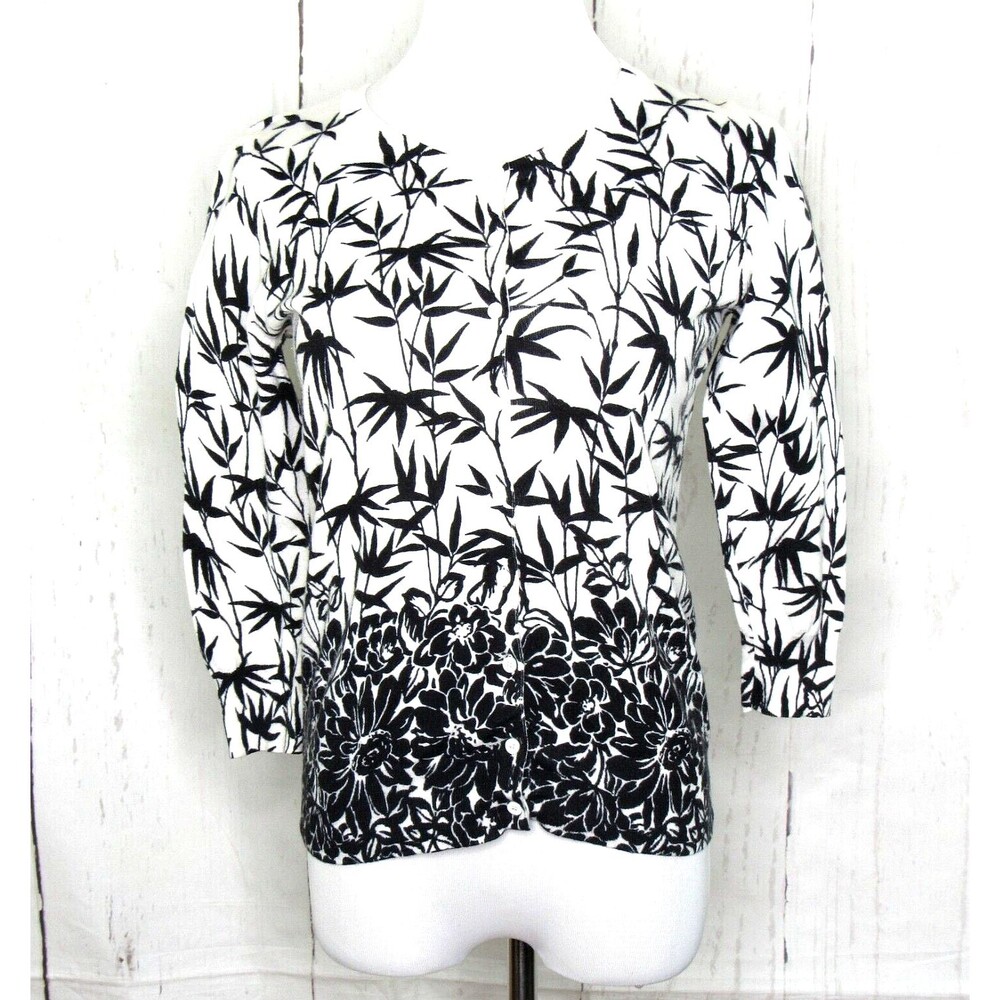 Talbots P S Button Up Cardigan Sweater Pima Cotton Black White Floral Leaves
